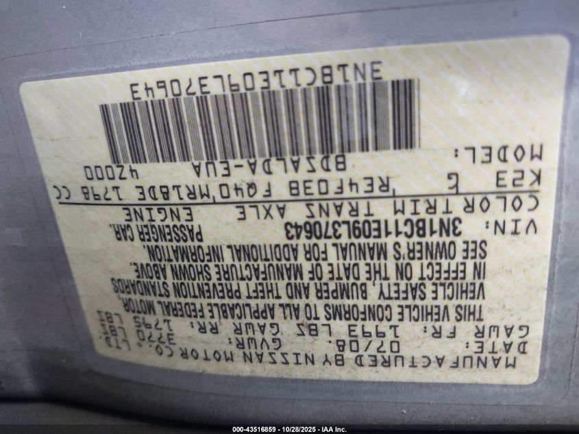 2009 Nissan Versa 1.8S VIN: 3N1BC11E09L370643 Lot: 43516859