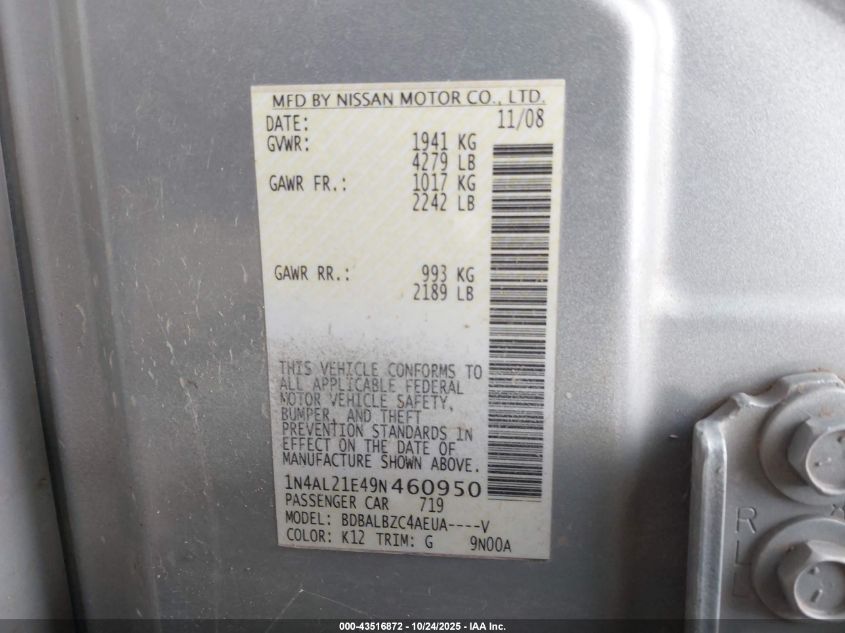 2009 Nissan Altima 2.5 S VIN: 1N4AL21E49N460950 Lot: 43516872