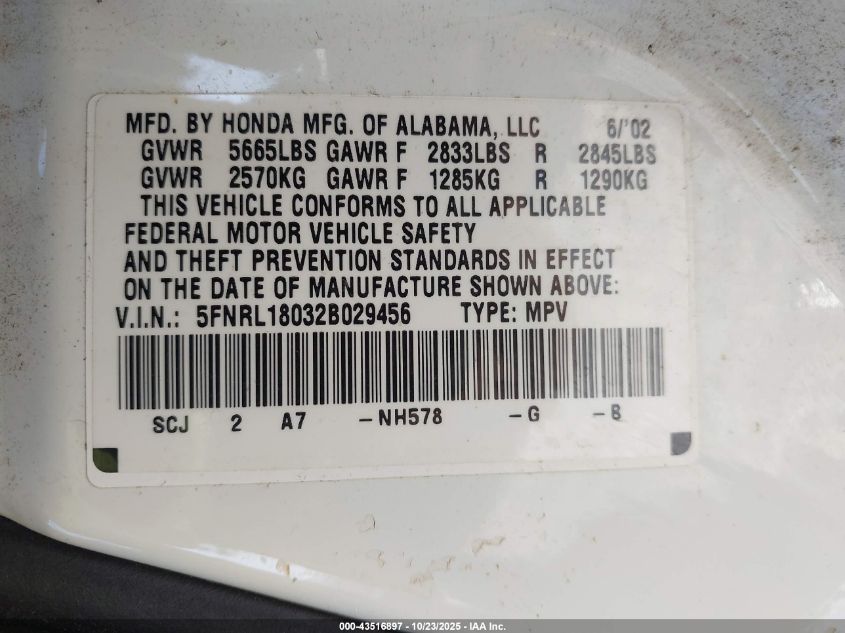 2002 Honda Odyssey Ex-L VIN: 5FNRL18032B029456 Lot: 43516897