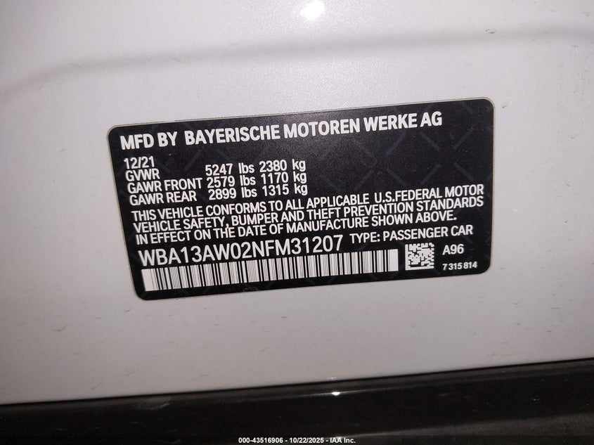 2022 BMW M440I GRAN COUPE XDRIVE WBA13AW02NFM31207