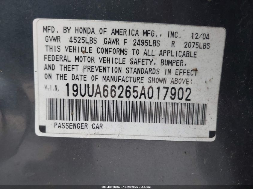 2005 Acura Tl VIN: 19UUA66265A017902 Lot: 43516967