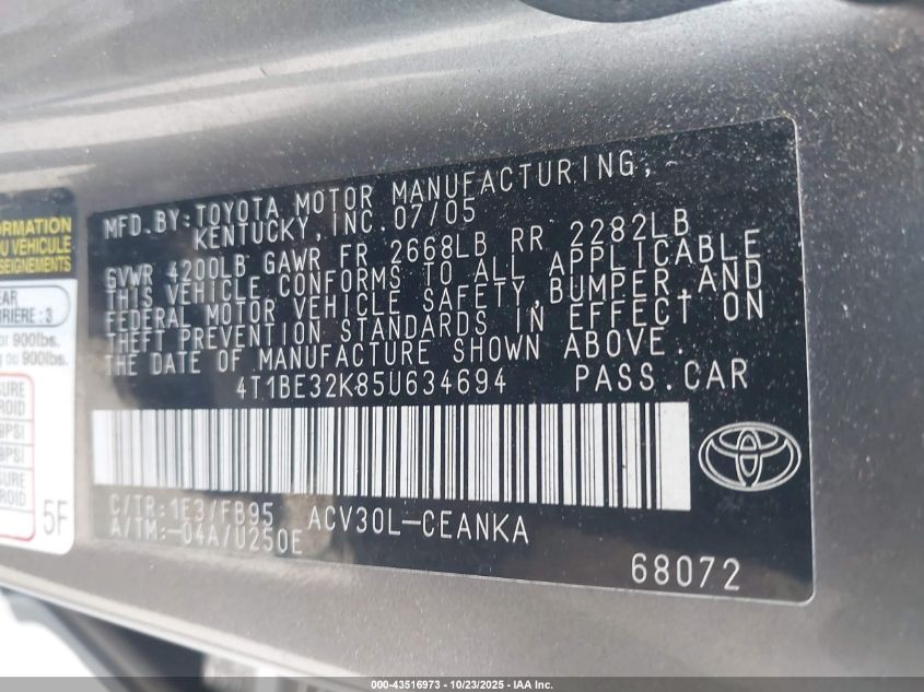 2005 Toyota Camry Le VIN: 4T1BE32K85U634694 Lot: 43516973