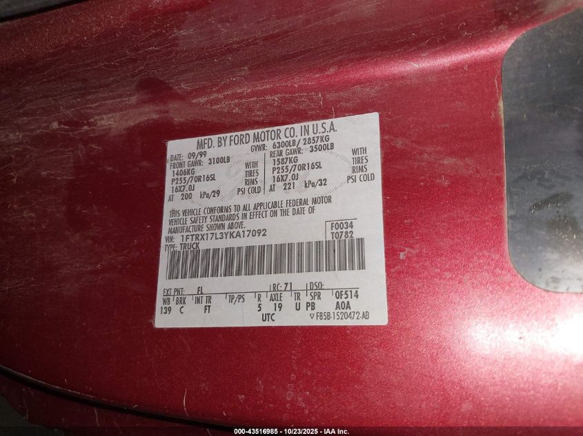 2000 Ford F-150 Lariat/Work Series/Xl/Xlt VIN: 1FTRX17L3YKA17092 Lot: 43516985