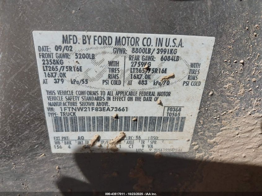 2003 Ford F-250 Lariat/Xl/Xlt VIN: 1FTNW21F83EA73661 Lot: 43517011