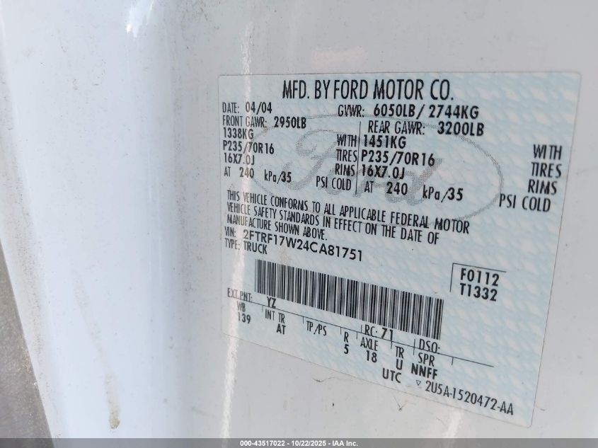 2004 Ford F-150 Heritage Xl/Xlt VIN: 2FTRF17W24CA81751 Lot: 43517022