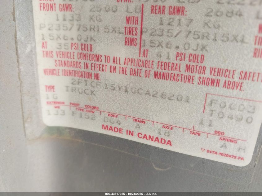 1986 Ford F150 VIN: 2FTCF15Y1GCA28201 Lot: 43517025