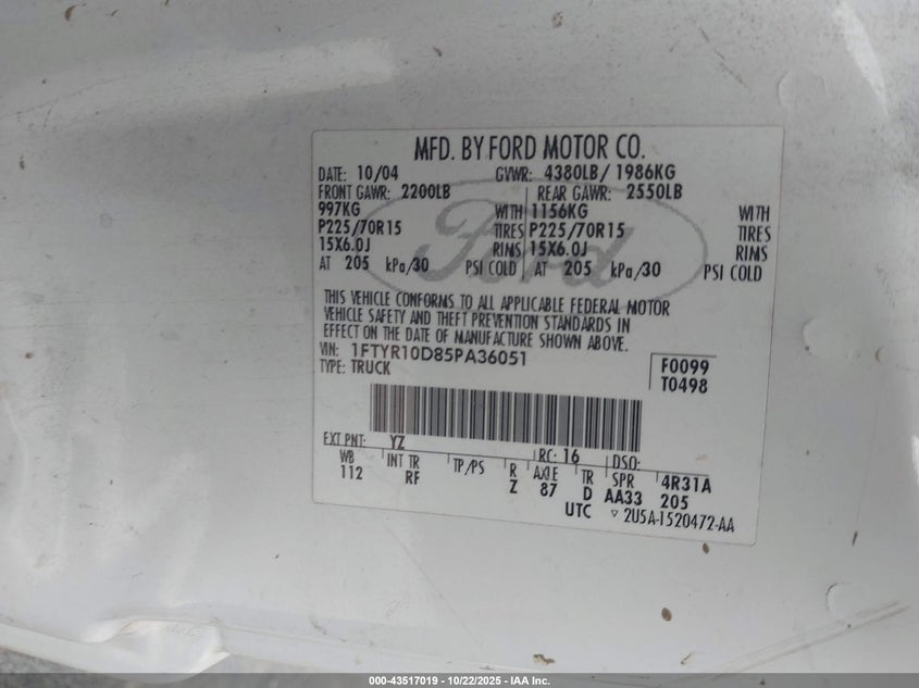 2005 Ford Ranger Xl/Xls/Xlt VIN: 1FTYR10D85PA36051 Lot: 43517019