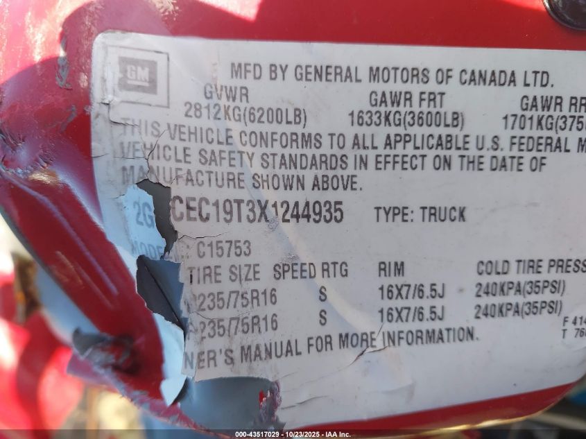 1999 Chevrolet Silverado 1500 Ls VIN: 2GCEC19T3X1244935 Lot: 43517029