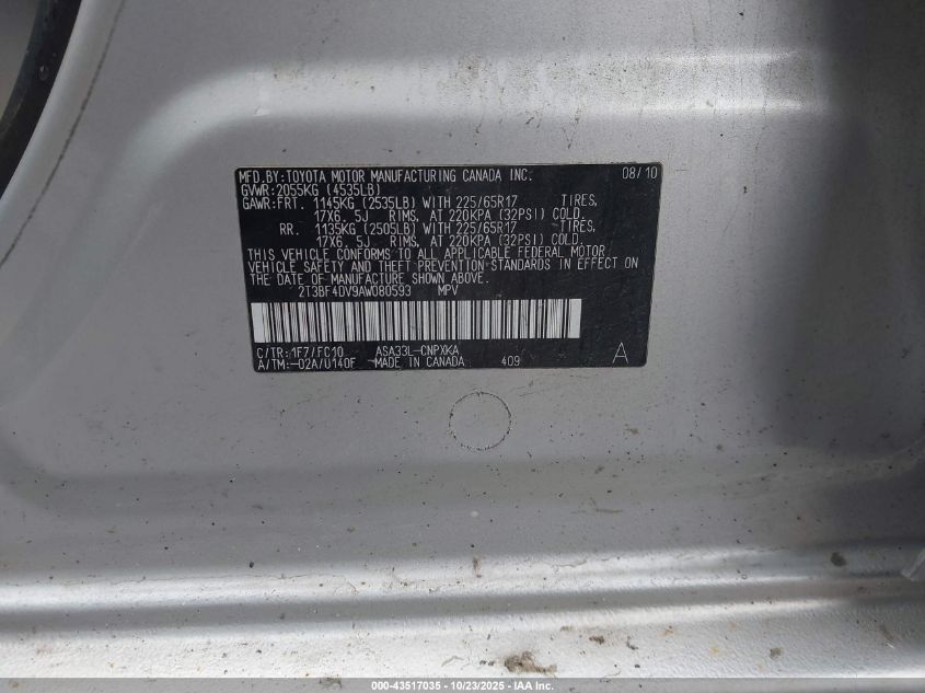 2010 Toyota Rav4 VIN: 2T3BF4DV9AW080593 Lot: 43517035