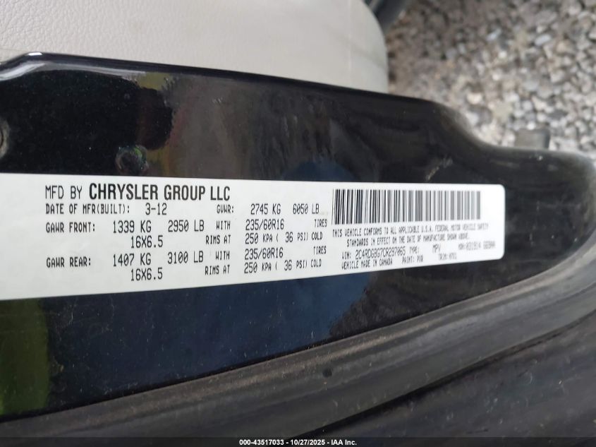 2012 Dodge Grand Caravan Se/Avp VIN: 2C4RDGBG7CR297065 Lot: 43517033