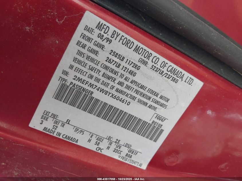 2000 Mercury Grand Marquis Gs VIN: 2MEFM74W8YX604610 Lot: 43517058