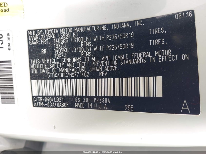 2017 TOYOTA SIENNA SE 8 PASSENGER 5TDXZ3DC7HS771462