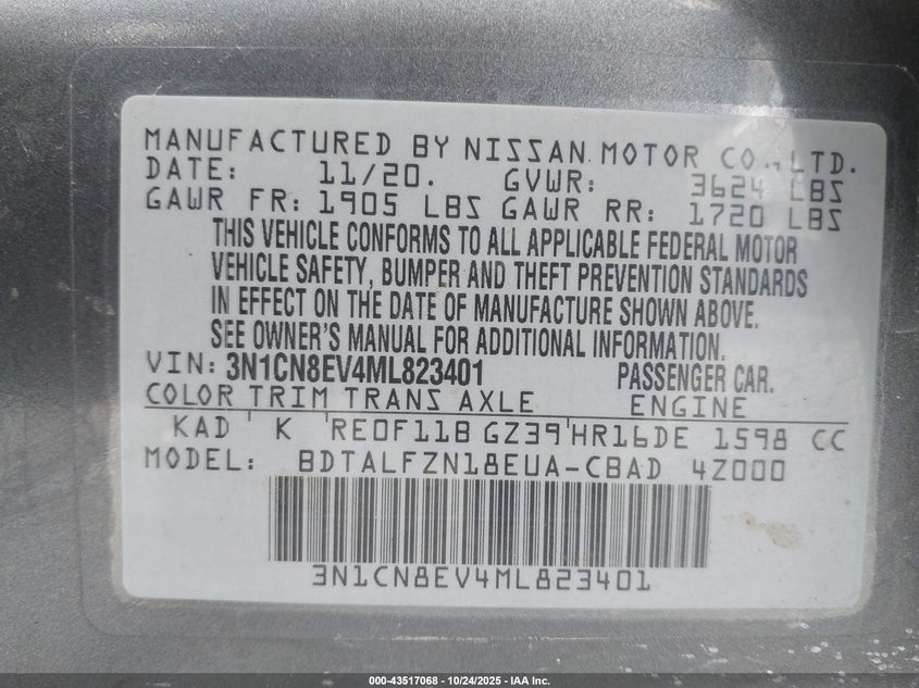 2021 NISSAN VERSA SV XTRONIC CVT 3N1CN8EV4ML823401