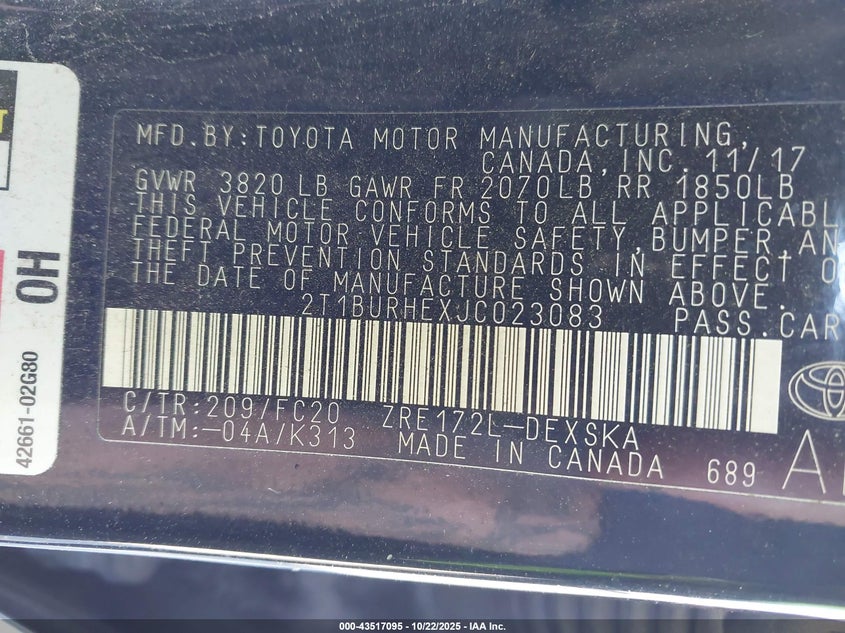 2018 TOYOTA COROLLA SE 2T1BURHEXJC023083