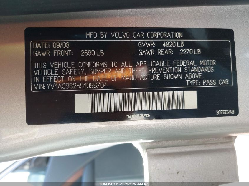 2009 Volvo S80 3.2 VIN: YV1AS982591096704 Lot: 43517111