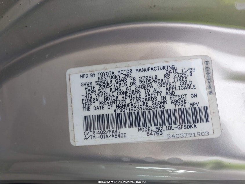 2000 Toyota Sienna Ce VIN: 4T3GF19C3YU224645 Lot: 43517127