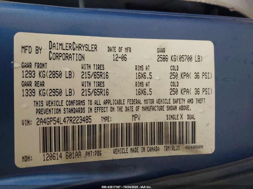 2007 Chrysler Town & Country Touring VIN: 2A4GP54L47R223485 Lot: 43517167