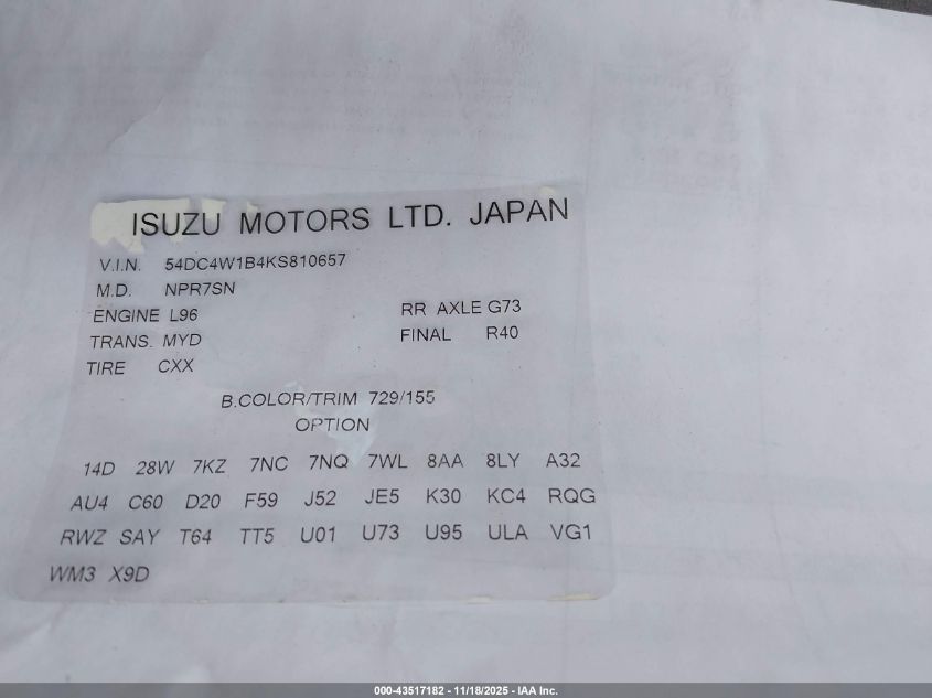 2019 Isuzu Npr Hd VIN: 54DC4W1B4KS810657 Lot: 43517182