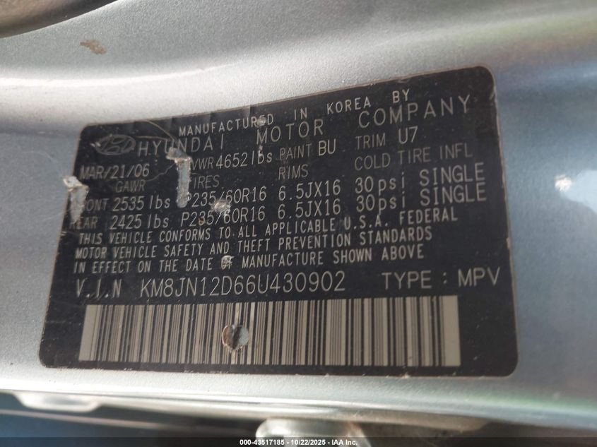 2006 Hyundai Tucson Gls/Limited VIN: KM8JN12D66U430902 Lot: 43517185