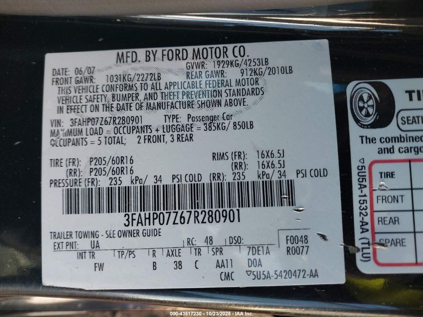 2007 Ford Fusion Se VIN: 3FAHP07Z67R280901 Lot: 43517230