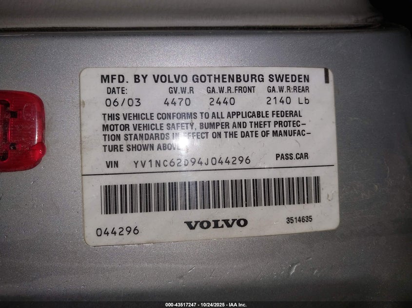 2004 Volvo C70 Ht VIN: YV1NC62D94J044296 Lot: 43517247