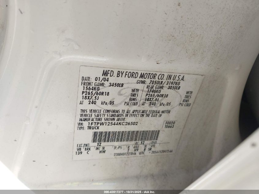 2004 Ford F-150 Lariat/Xlt VIN: 1FTPW12544KC26502 Lot: 43517277