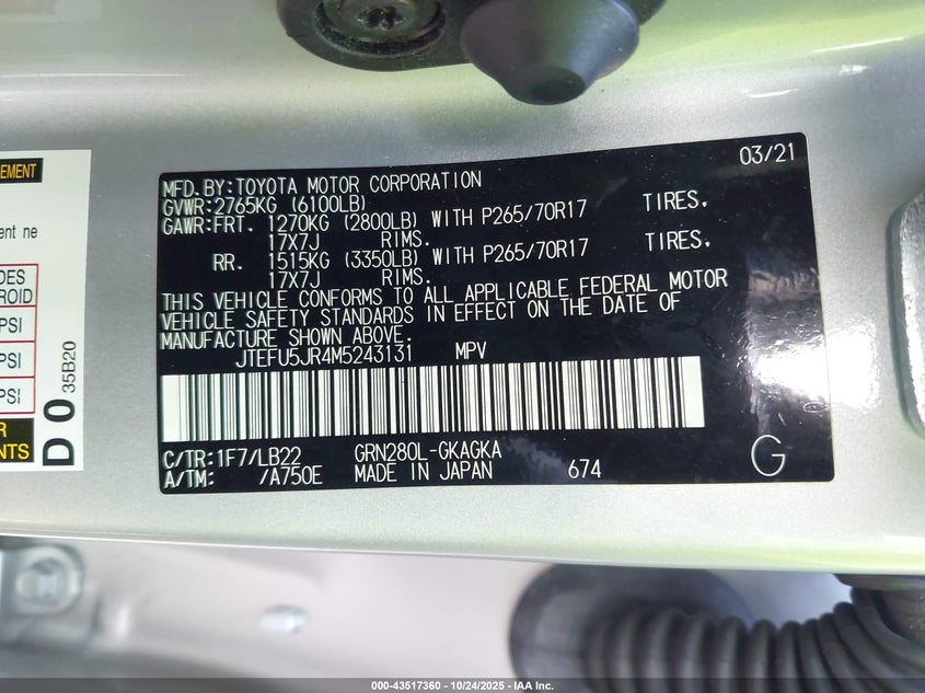 2021 TOYOTA 4RUNNER SR5 PREMIUM JTEFU5JR4M5243131