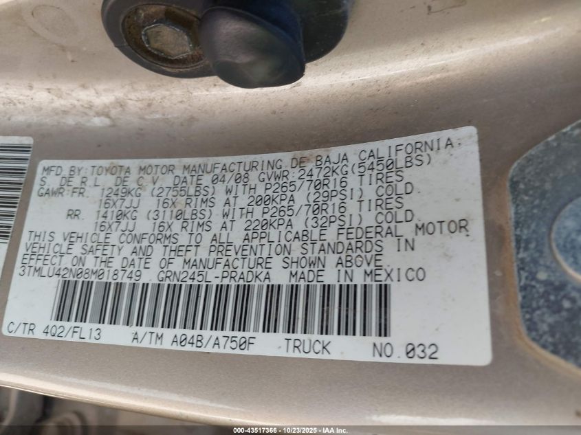 2008 Toyota Tacoma Base V6 VIN: 3TMLU42N08M018749 Lot: 43517366