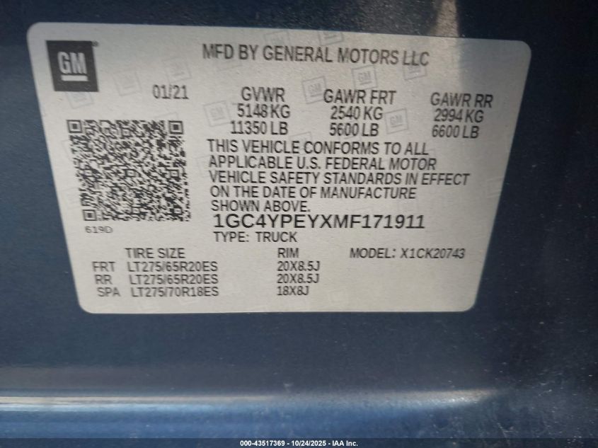 2021 Chevrolet Silverado 2500Hd 4Wd Standard Bed Ltz VIN: 1GC4YPEYXMF171911 Lot: 43517369