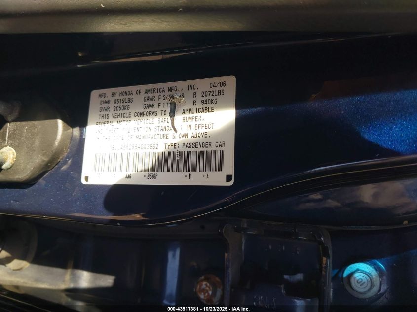 2006 Acura Tl VIN: 19UUA66296A043962 Lot: 43517381