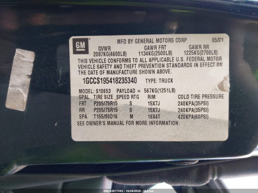 2001 Chevrolet S-10 Ls VIN: 1GCCS195418235340 Lot: 43517393
