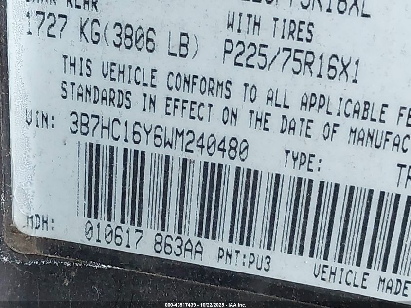 1998 Dodge Ram 1500 St VIN: 3B7HC16Y6WM240480 Lot: 43517439
