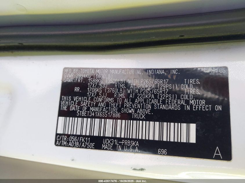 2006 Toyota Tundra Sr5 V8 VIN: 5TBET341X6S517886 Lot: 43517476