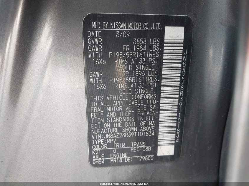 JN8AZ28R39T101834 2009 NISSAN CUBE photo no. 9