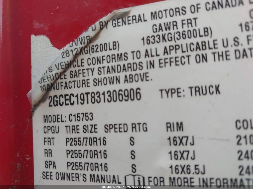 2003 Chevrolet Silverado 1500 Ls VIN: 2GCEC19T831306906 Lot: 43517516