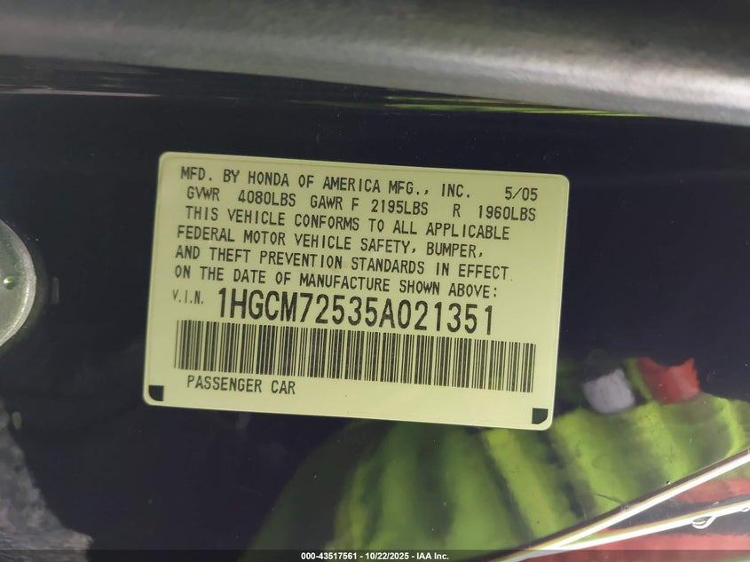 1HGCM72535A021351 2005 HONDA ACCORD photo no. 9