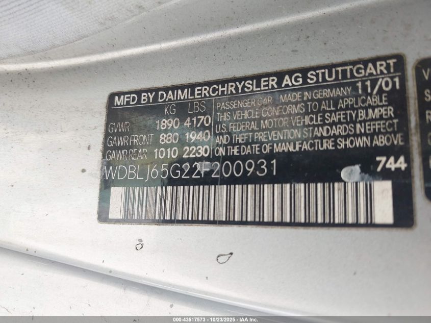 2002 Mercedes-Benz Clk 320 VIN: WDBLJ65G22F200931 Lot: 43517573