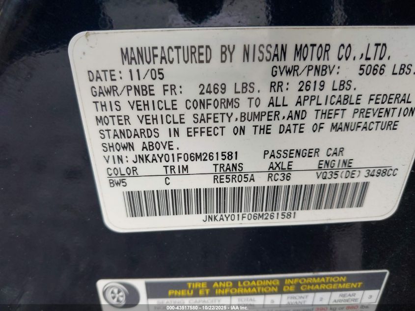 2006 Infiniti M35X VIN: JNKAY01F06M261581 Lot: 43517580