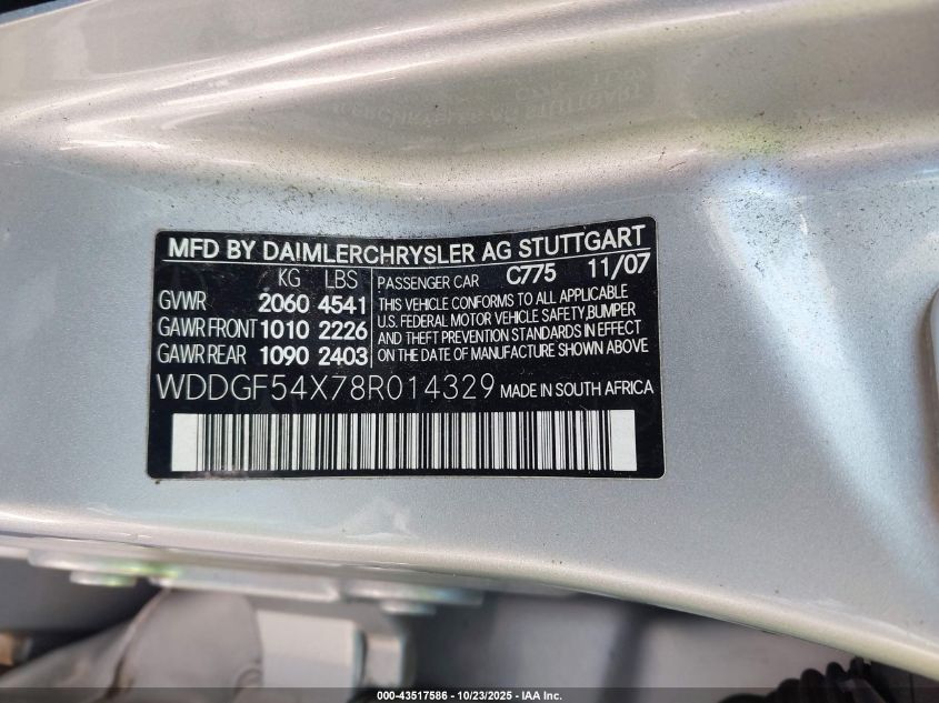 2008 Mercedes-Benz C 300 Luxury/Sport VIN: WDDGF54X78R014329 Lot: 43517586