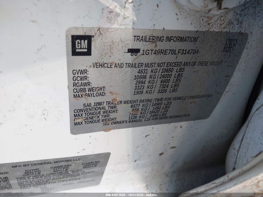 2020 GMC Sierra 2500Hd 4Wd Standard Bed Denali VIN: 1GT49RE70LF314704 Lot: 43517629