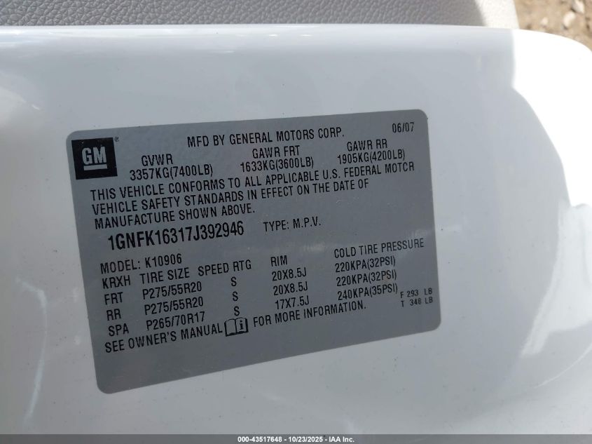 2007 Chevrolet Suburban 1500 Ltz VIN: 1GNFK16317J392946 Lot: 43517648