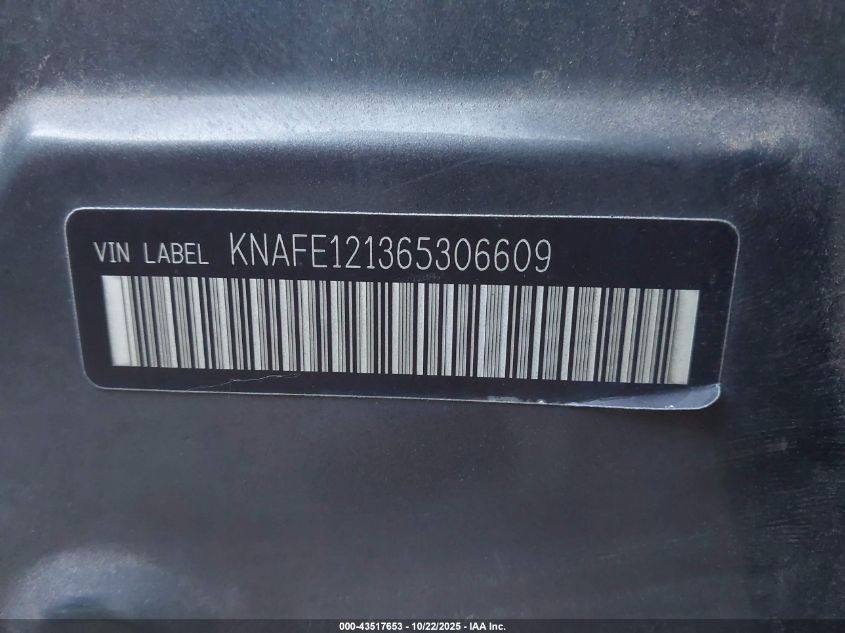 2006 Kia Spectra Ex/Lx/Sx VIN: KNAFE121365306609 Lot: 43517653