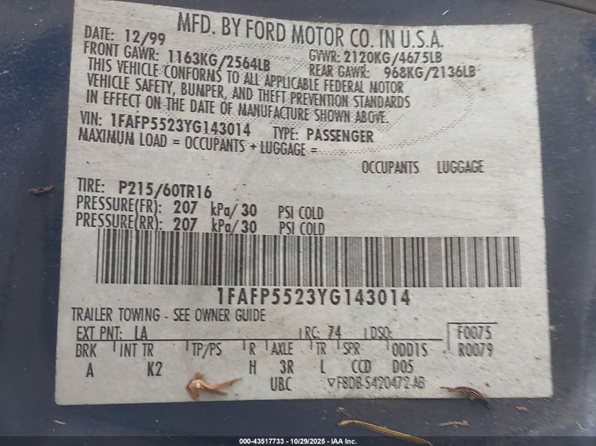 2000 Ford Taurus Ses VIN: 1FAFP5523YG143014 Lot: 43517733