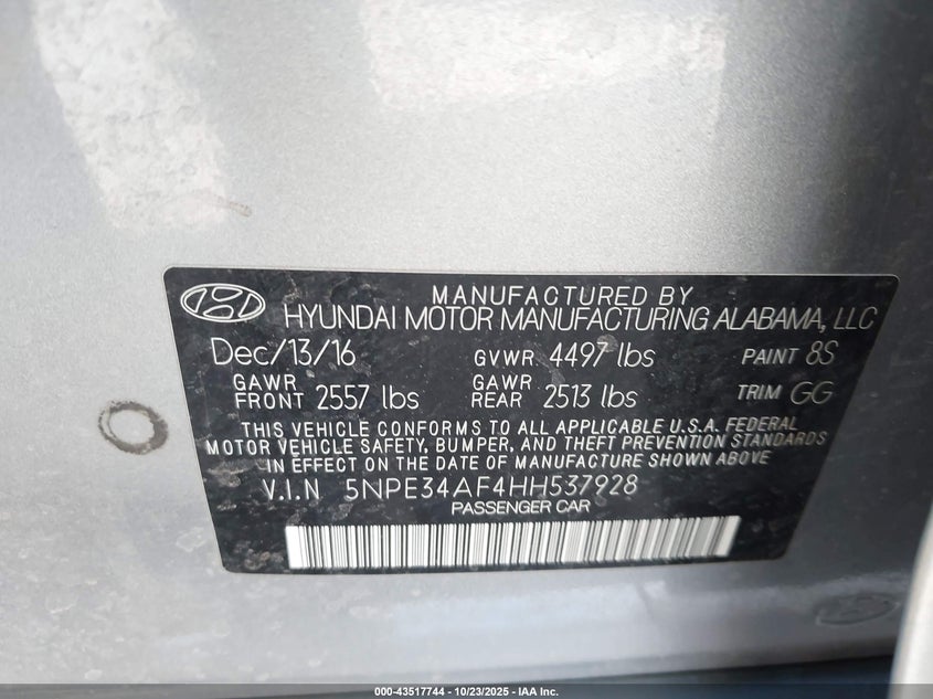 5NPE34AF4HH537928 2017 HYUNDAI SONATA photo no. 9