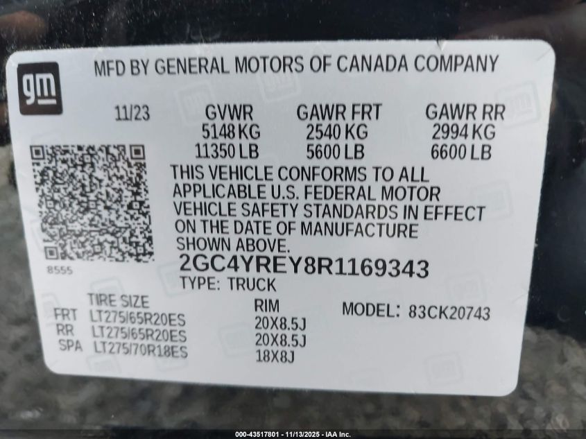 2024 Chevrolet Silverado 2500Hd 4Wd Standard Bed High Country VIN: 2GC4YREY8R1169343 Lot: 43517801