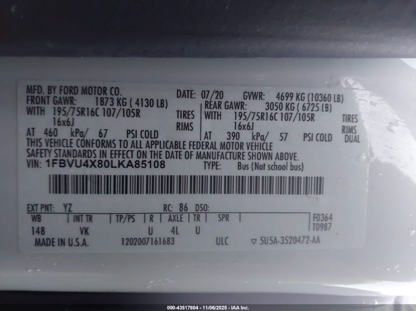 2020 Ford Transit-350 Passenger Van Xl VIN: 1FBVU4X80LKA85108 Lot: 43517804