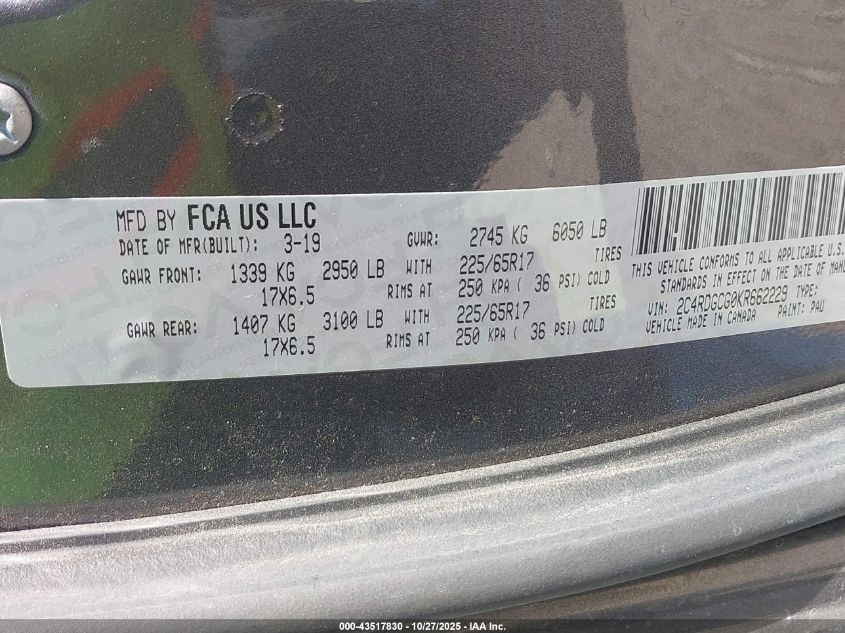 2019 Dodge Grand Caravan Sxt VIN: 2C4RDGCG0KR662229 Lot: 43517830