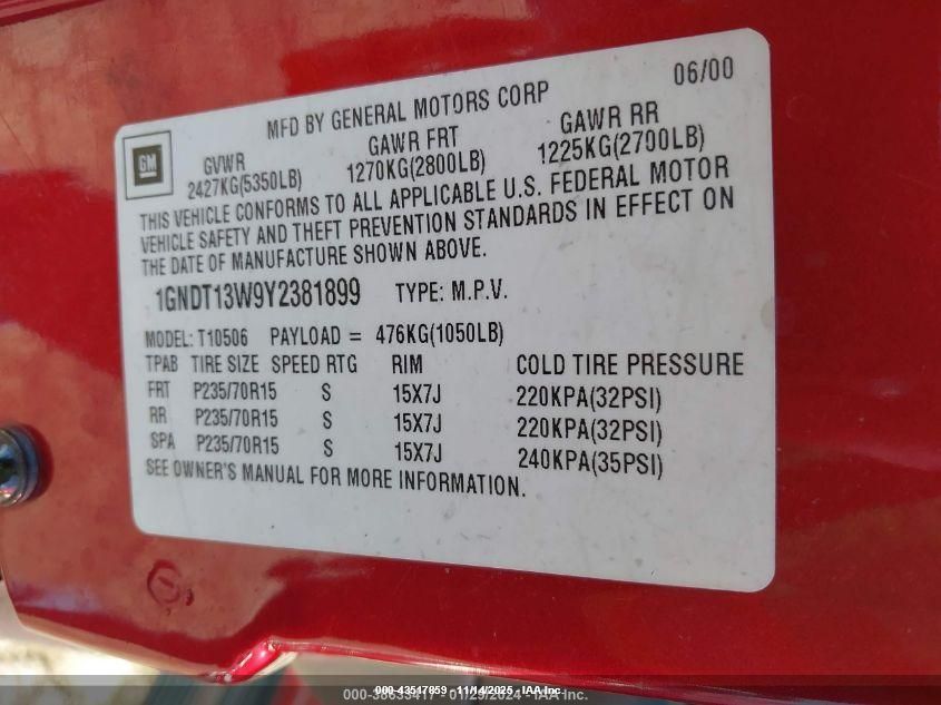 2000 Chevrolet Blazer Lt VIN: 1GNDT13W9Y2381899 Lot: 43517859