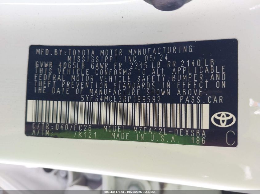 2024 TOYOTA COROLLA SE 5YFS4MCE3RP199592