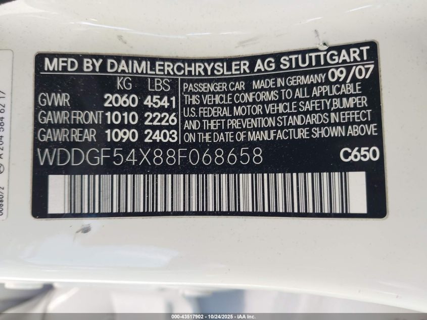 2008 Mercedes-Benz C 300 Luxury/Sport VIN: WDDGF54X88F068658 Lot: 43517902